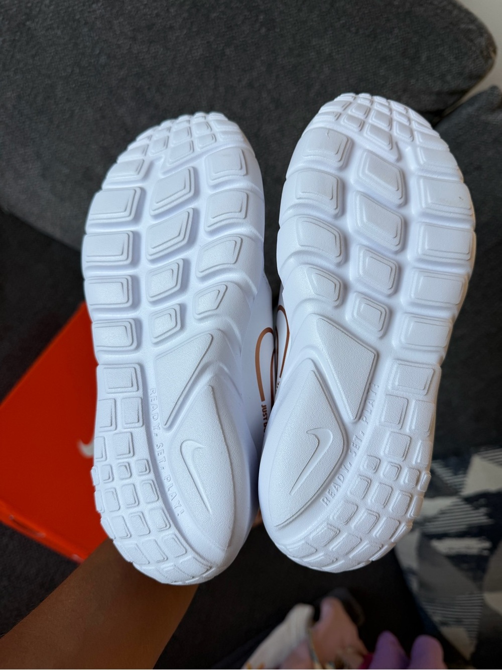 Nike White Kids Slip-On Sneakers with Purple Strap and Gold Swoosh - Picture 2 of 4